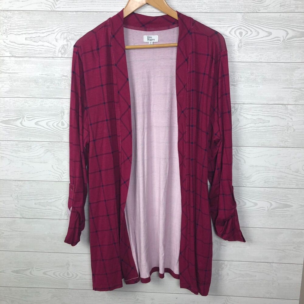 Kim Rogers Women's 1X Plaid Open Front Cardigan Roll Tab Sleeves Casual